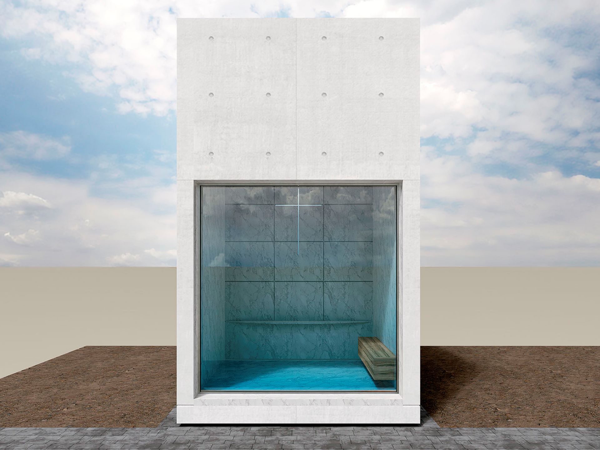 Mausoleo minimalista en hormigón blanco, donde la pureza formal y la simbología cromática evocan serenidad eterna.